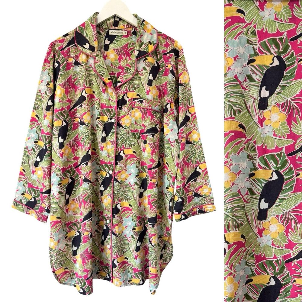 Mahogany Pajama Sleep Dress Pink Tucan Tropical Long Sleeve Cotton Lounge Large